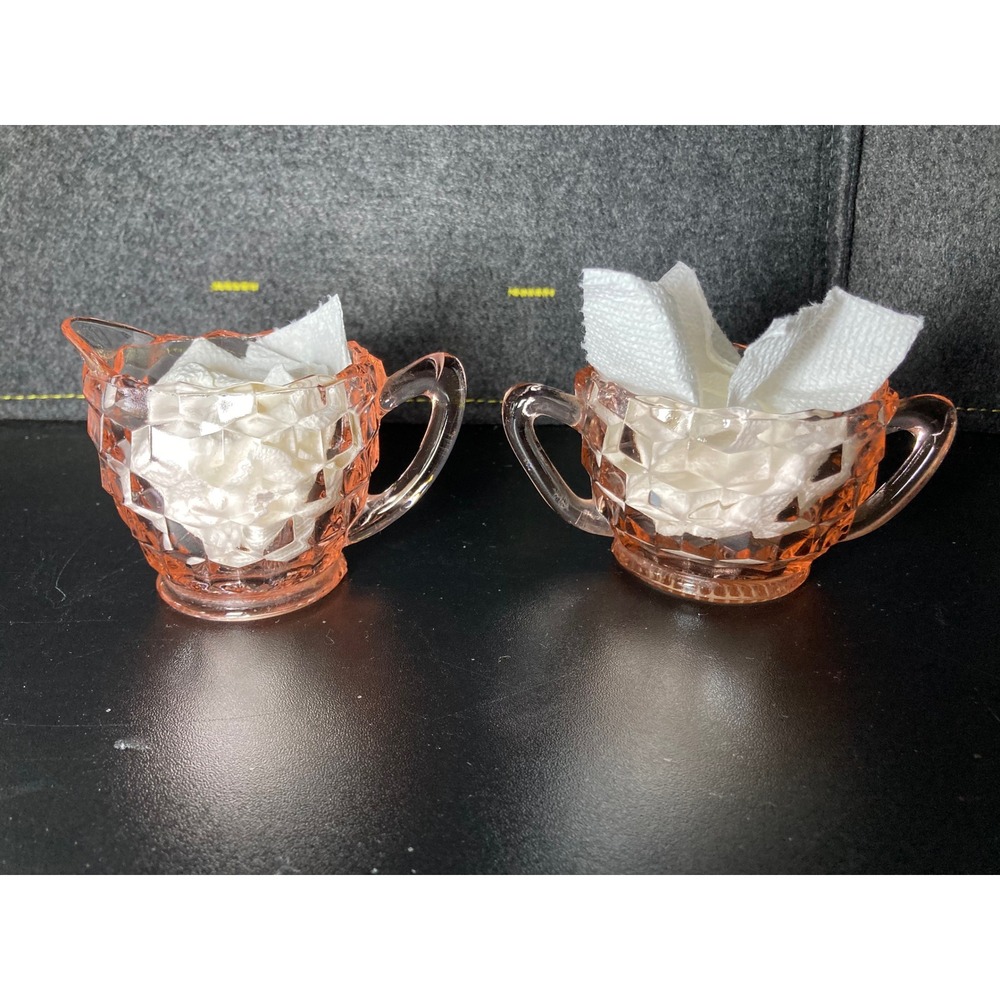 Vintage Pink Depression Glass Cube Pattern Creamer and Sugar Bowl Set Art Deco